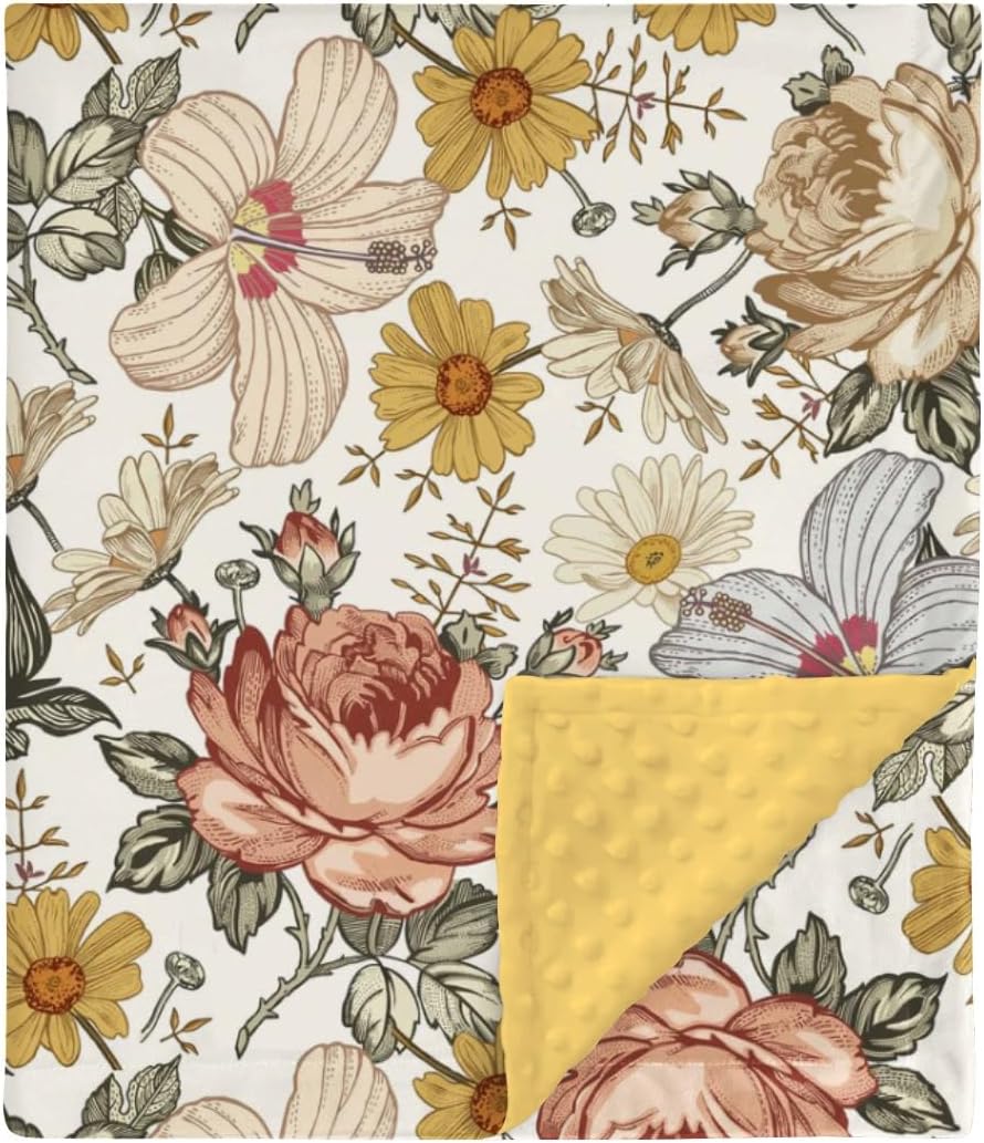 Retro Boho Peony Floral Mink Baby Blanket with Dotted Backing