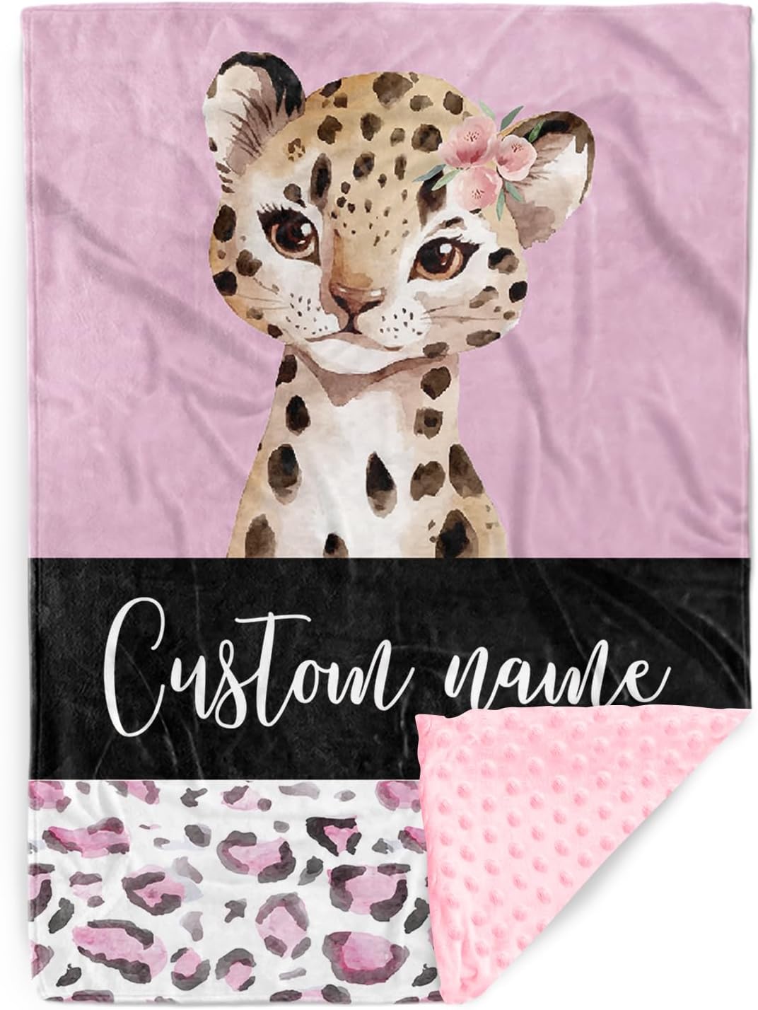 YISMEET Customized Baby Blanket with Name and Pink Leopard Design