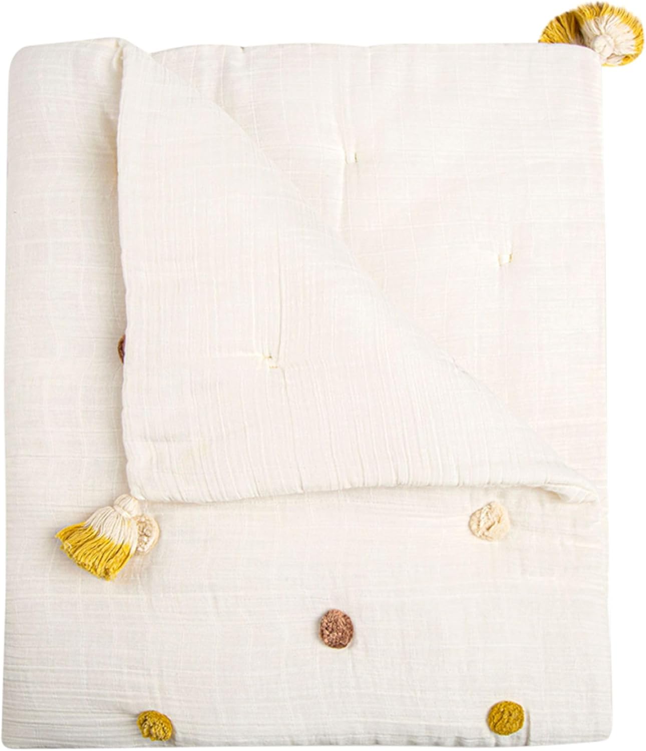Crane Baby Blanket 36 x 36 Cream Soft Cotton Pom Pom