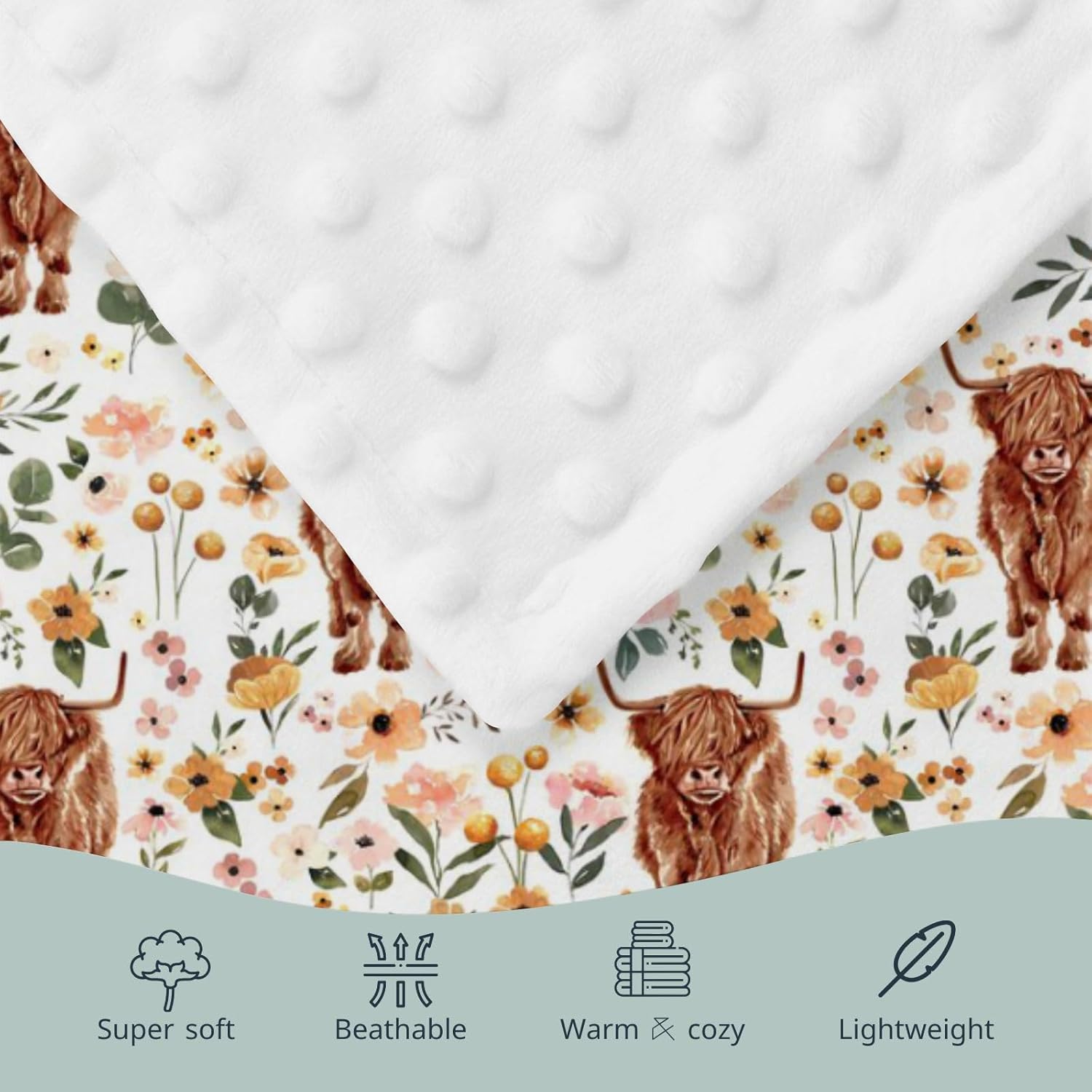 Highland Cow Floral Mink Baby Blanket 30x40