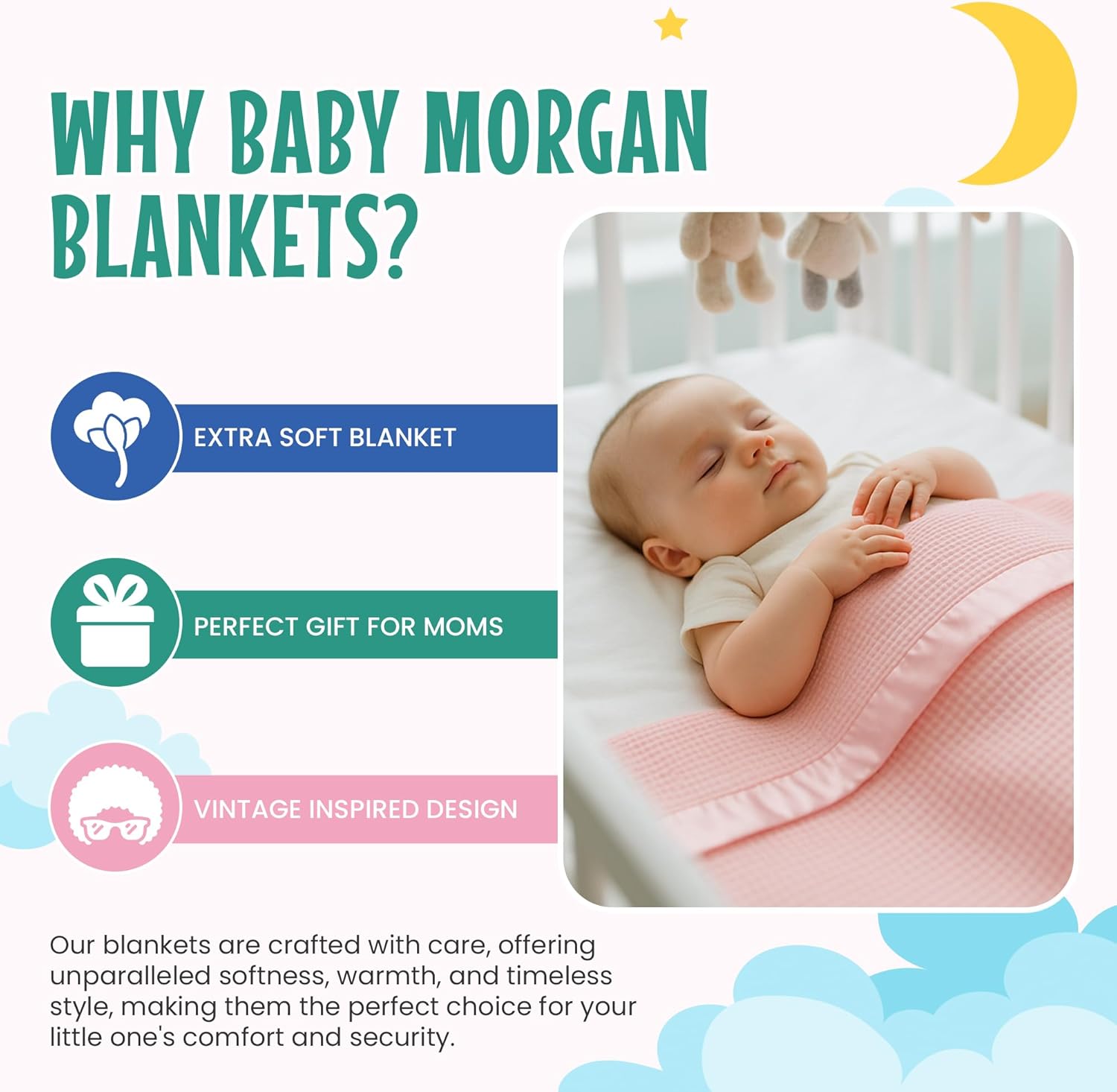 Baby Morgan Thermal Waffle Blanket - Soft Cozy Crib Blanket with Satin Trim