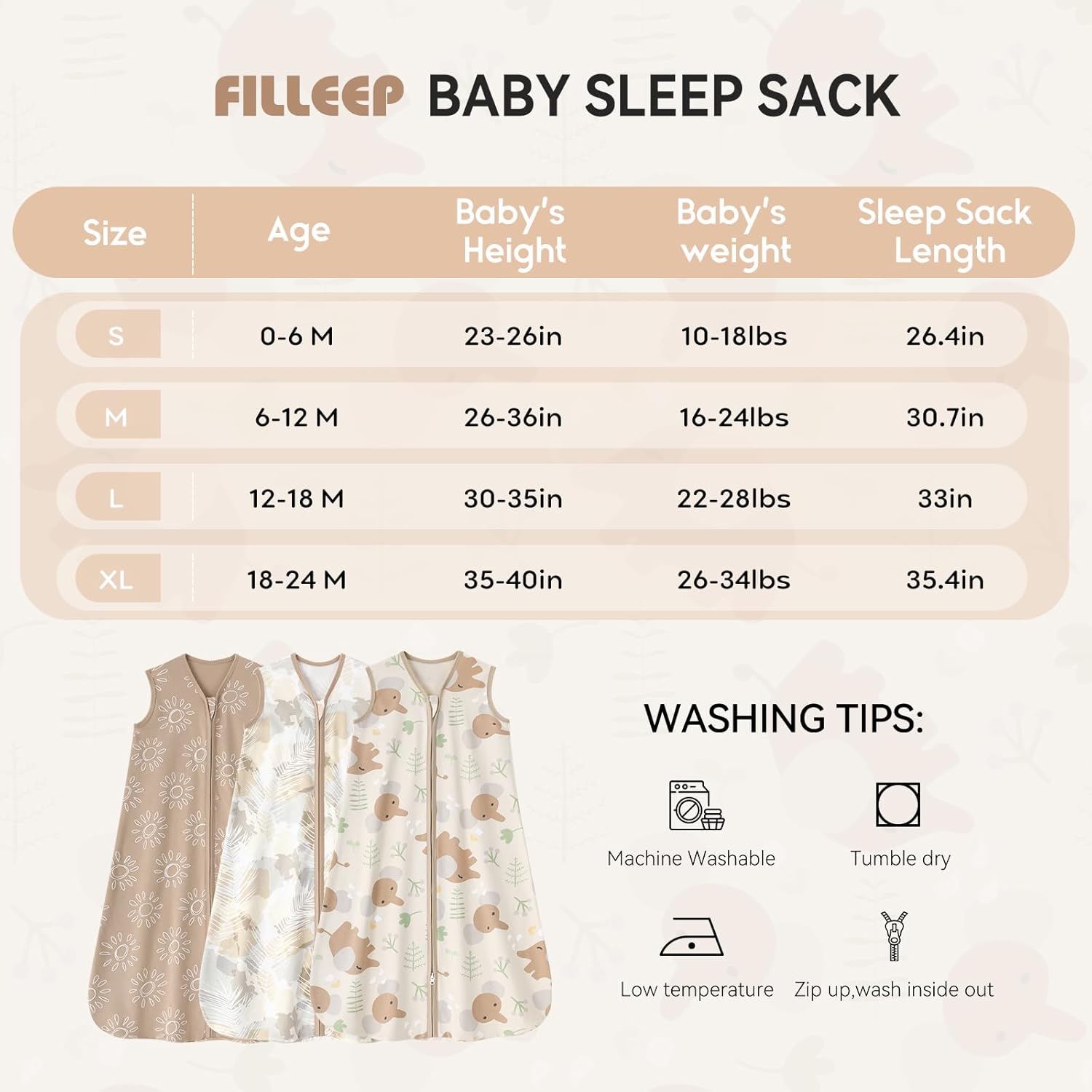 FILLEEP 6-12 Months Baby Sleep Sack 3 Pack 100 Cotton