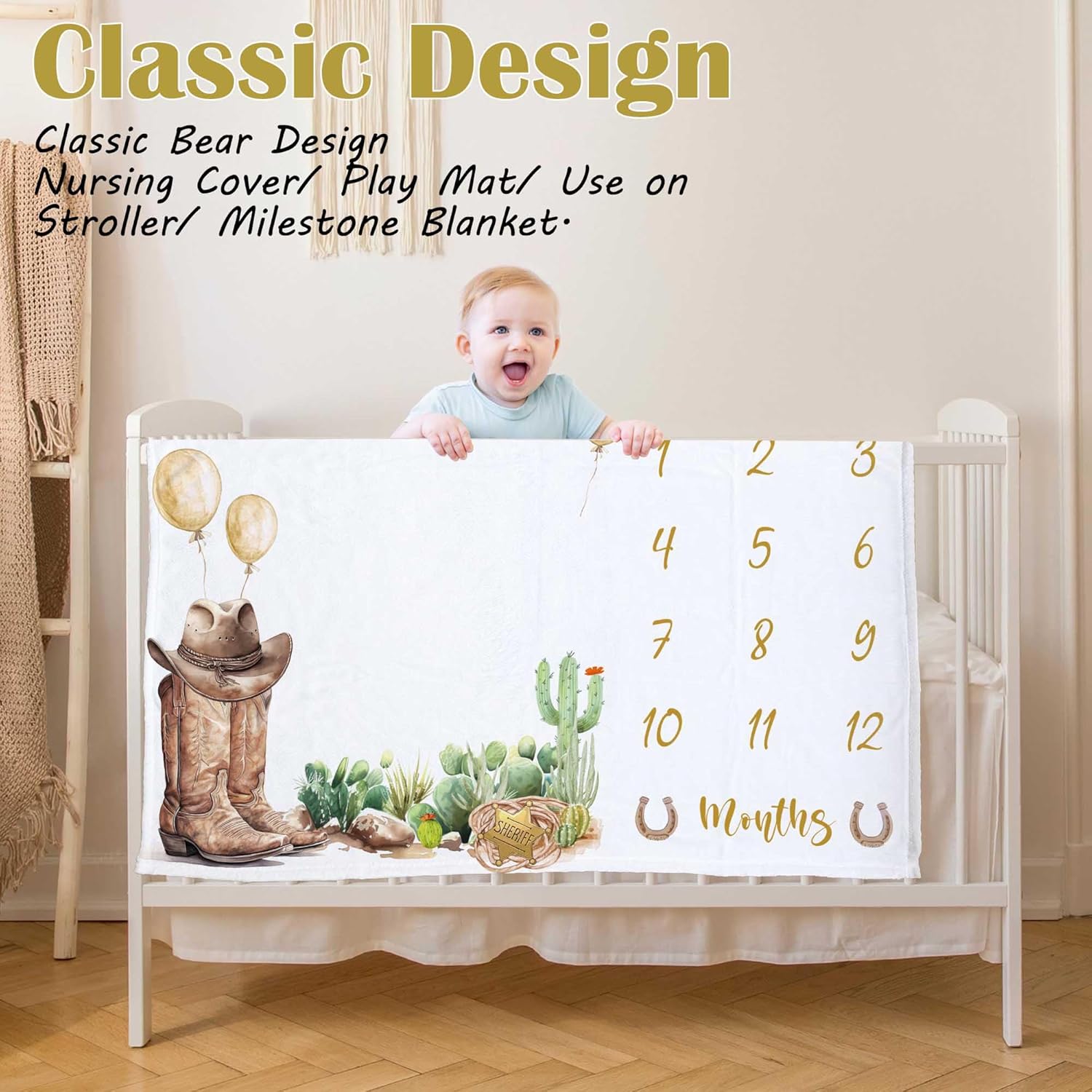 Western Milestone Blanket Baby Boy with Wooden Frame