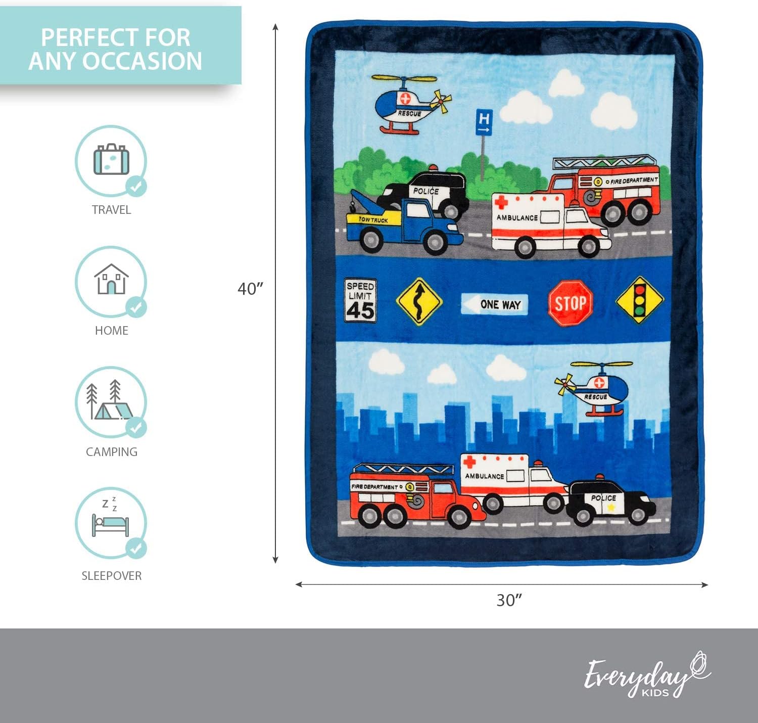 EVERYDAY KIDS Toddler Throw Blanket - Fire and Police Rescue Design