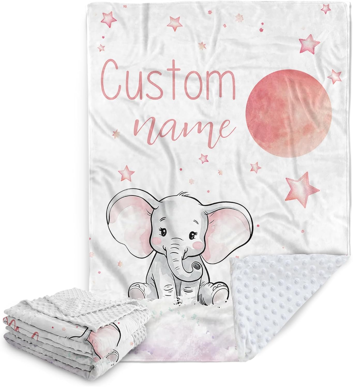 Personalized Baby Blanket with Name Pink Elephant Double Layer Dotted Swaddle