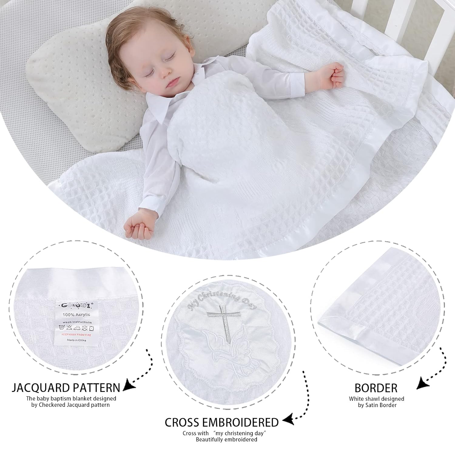 Booulfi Baby Blanket Cross Embroidered Satin Border 36x50
