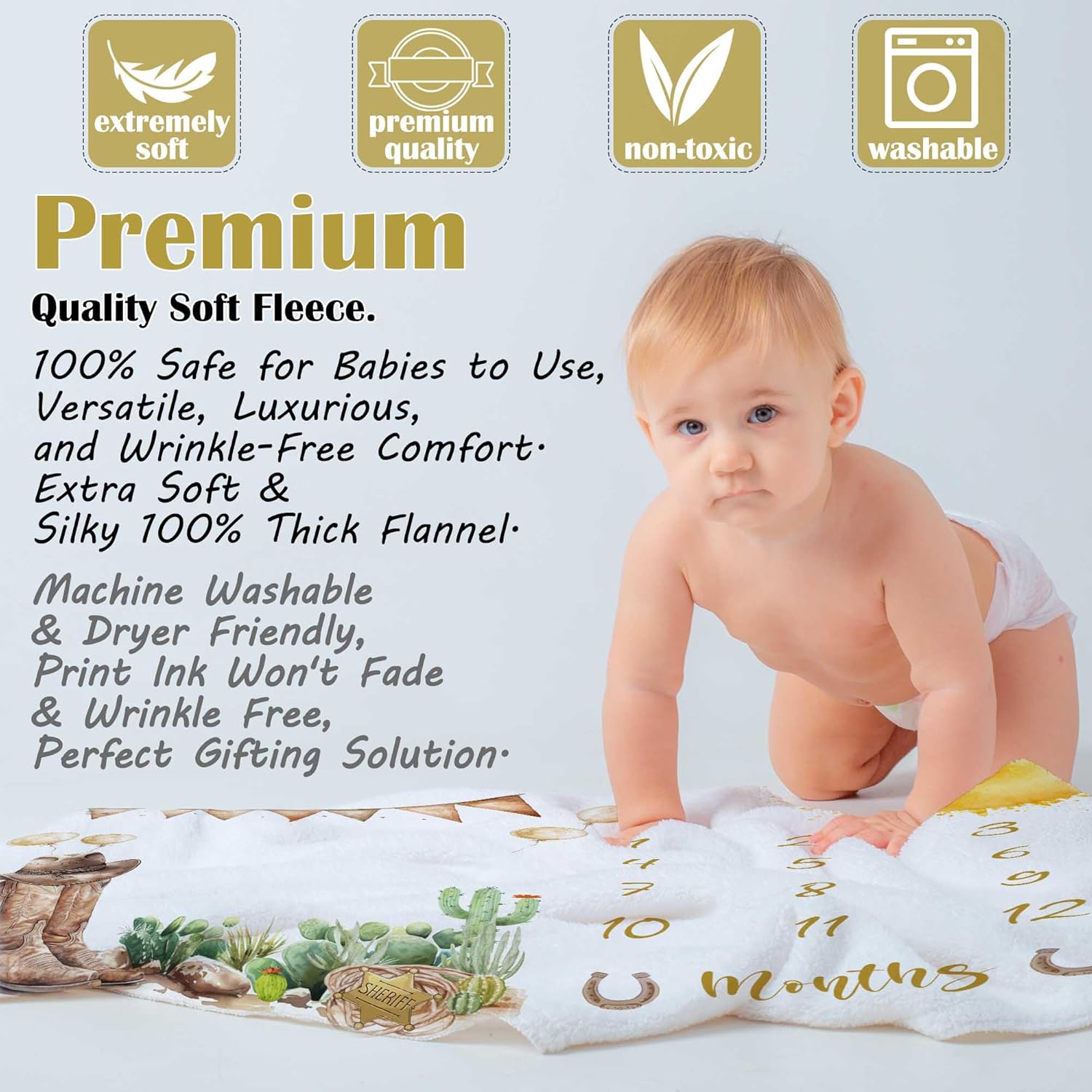 Western Milestone Blanket Baby Boy with Wooden Frame
