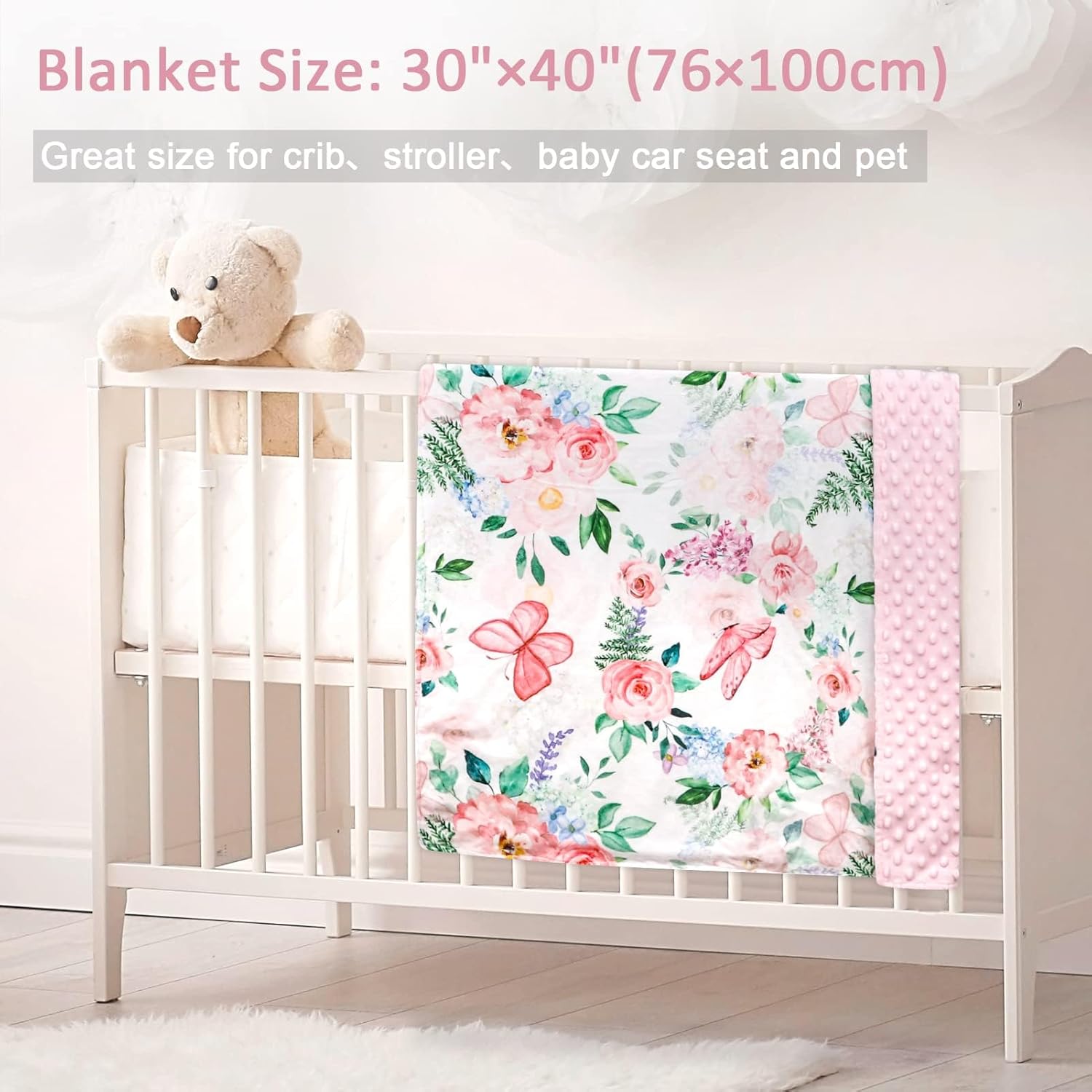 CARUILI Baby Blanket 30x40 Inches Minky Double Layer Pink Floral