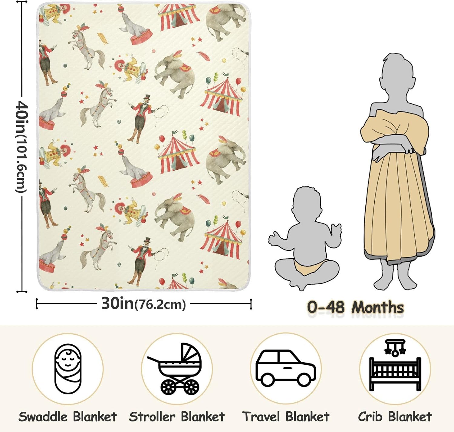 Pigsaly Watercolor Circus Animals Baby Blanket 30x40in
