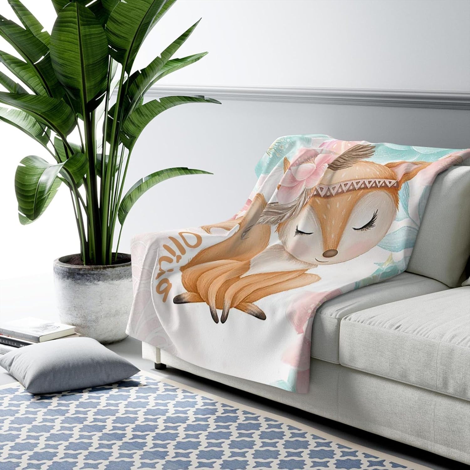 Customized Baby Fox Blanket Personalized Animal Nursery Blanket with Rose Flowers