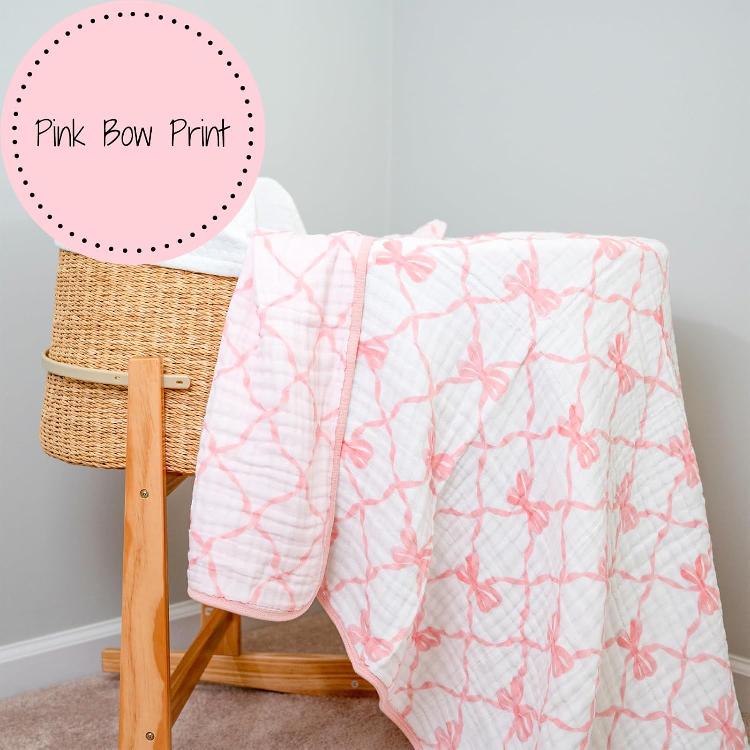 LollyBanks Pink Bow Muslin Blanket 47x47 6 Layers