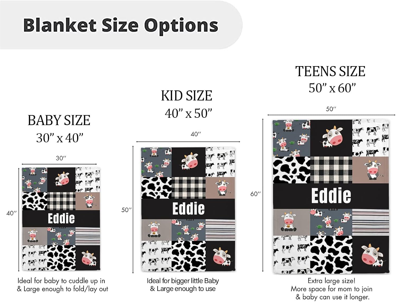 Personalized Baby Blanket with Name - Custom Cute Cow Design 30 x 40