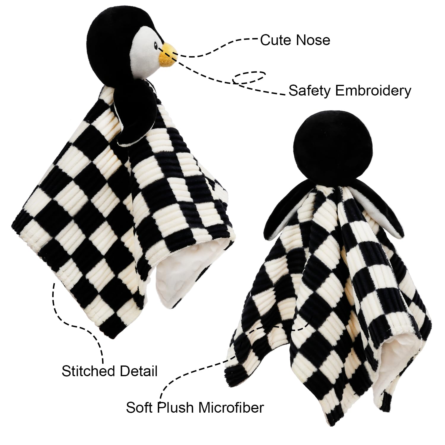 BEILIMU Baby Lovey Blanket Penguin 14 Inch Soft Checkerboard