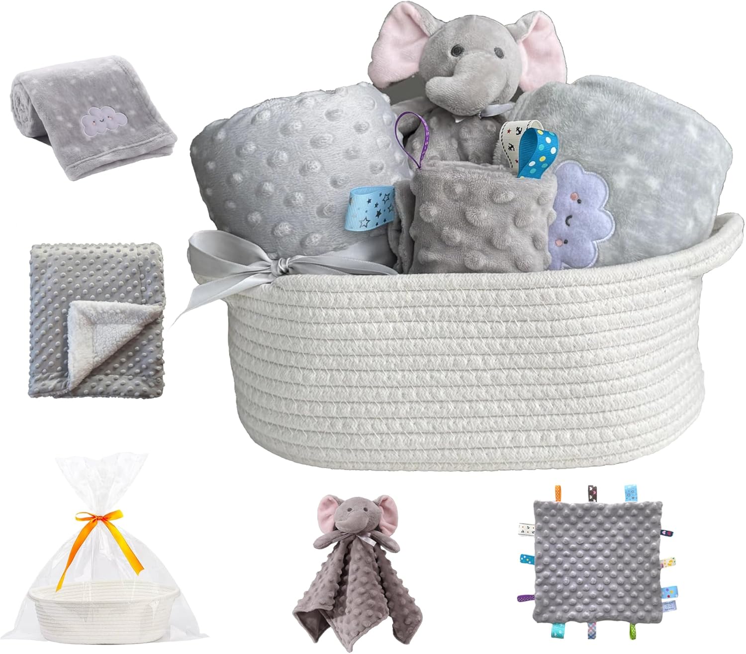 CREVENT Baby Welcome Gift Set with Blankets and Storage Basket Grey