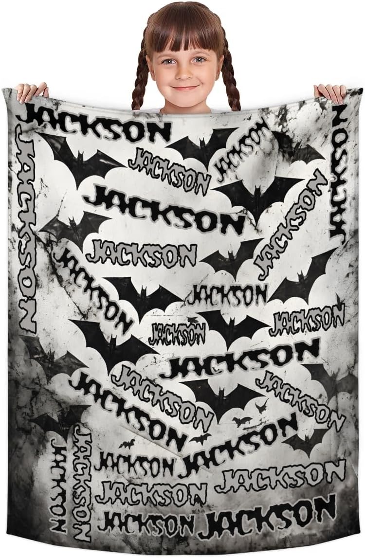 Personalized Halloween Baby Blanket with Name and Black Fog Bat Design