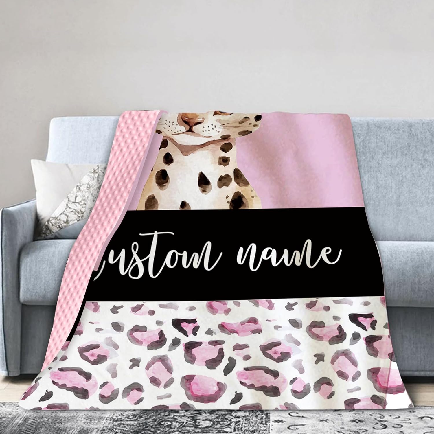 YISMEET Customized Baby Blanket with Name and Pink Leopard Design