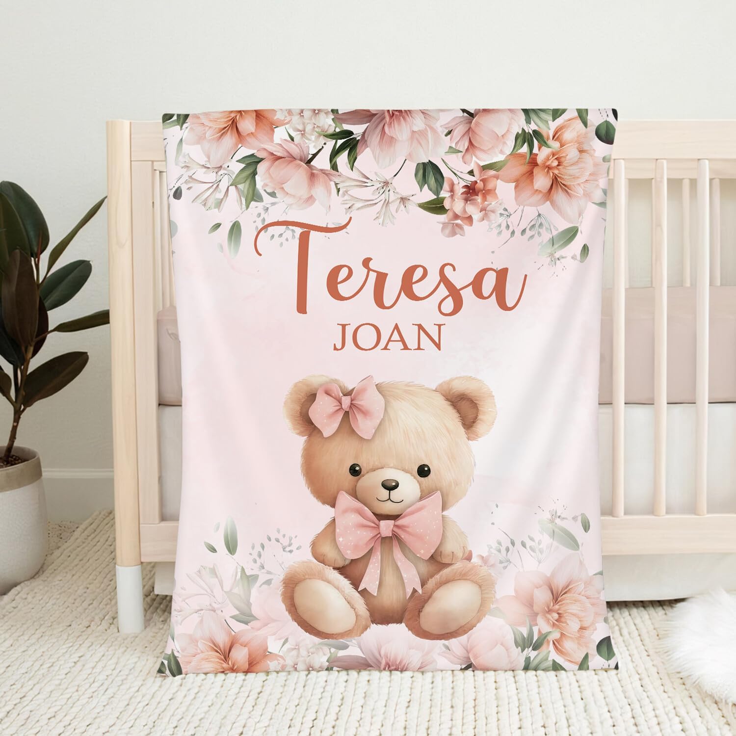 Personalized Pink Bear Baby Blanket with Name 1