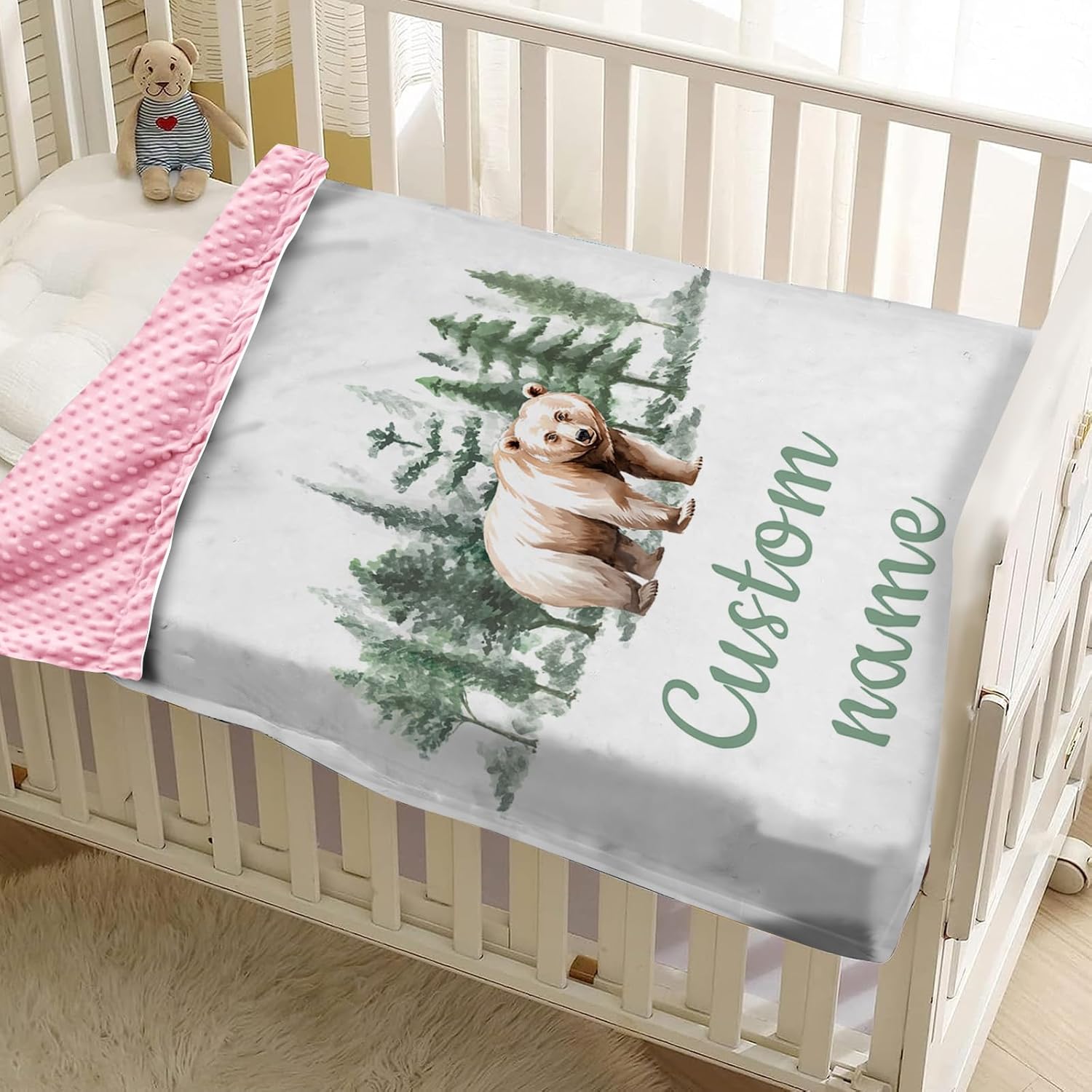 Custom Name Baby Receiving Blanket with Bear in Forest Theme