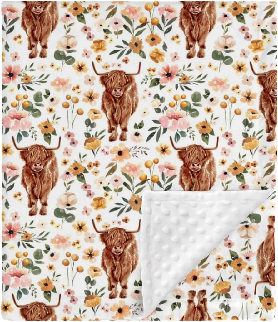 Highland Cow Floral Mink Baby Blanket 30x40