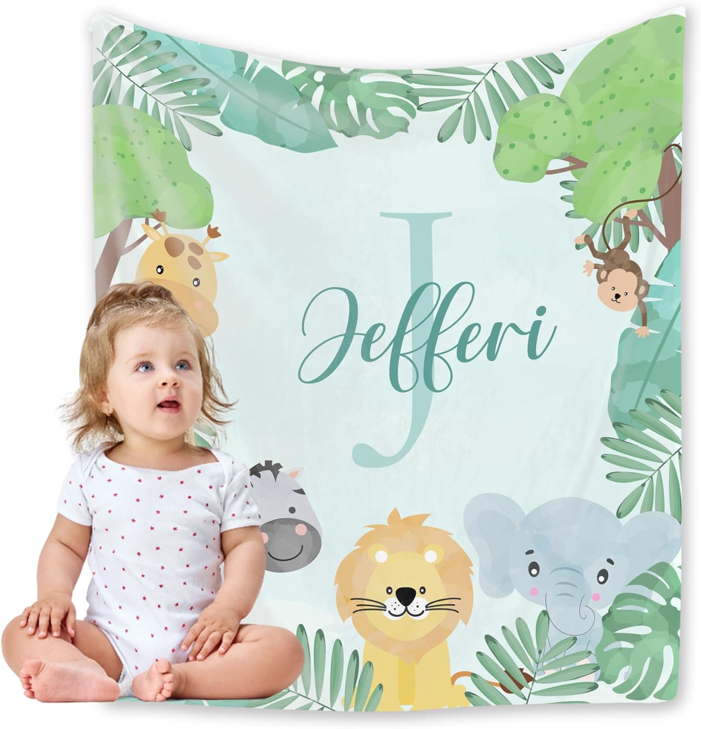 Personalized Baby Blanket with Name Green Safari Animal Design