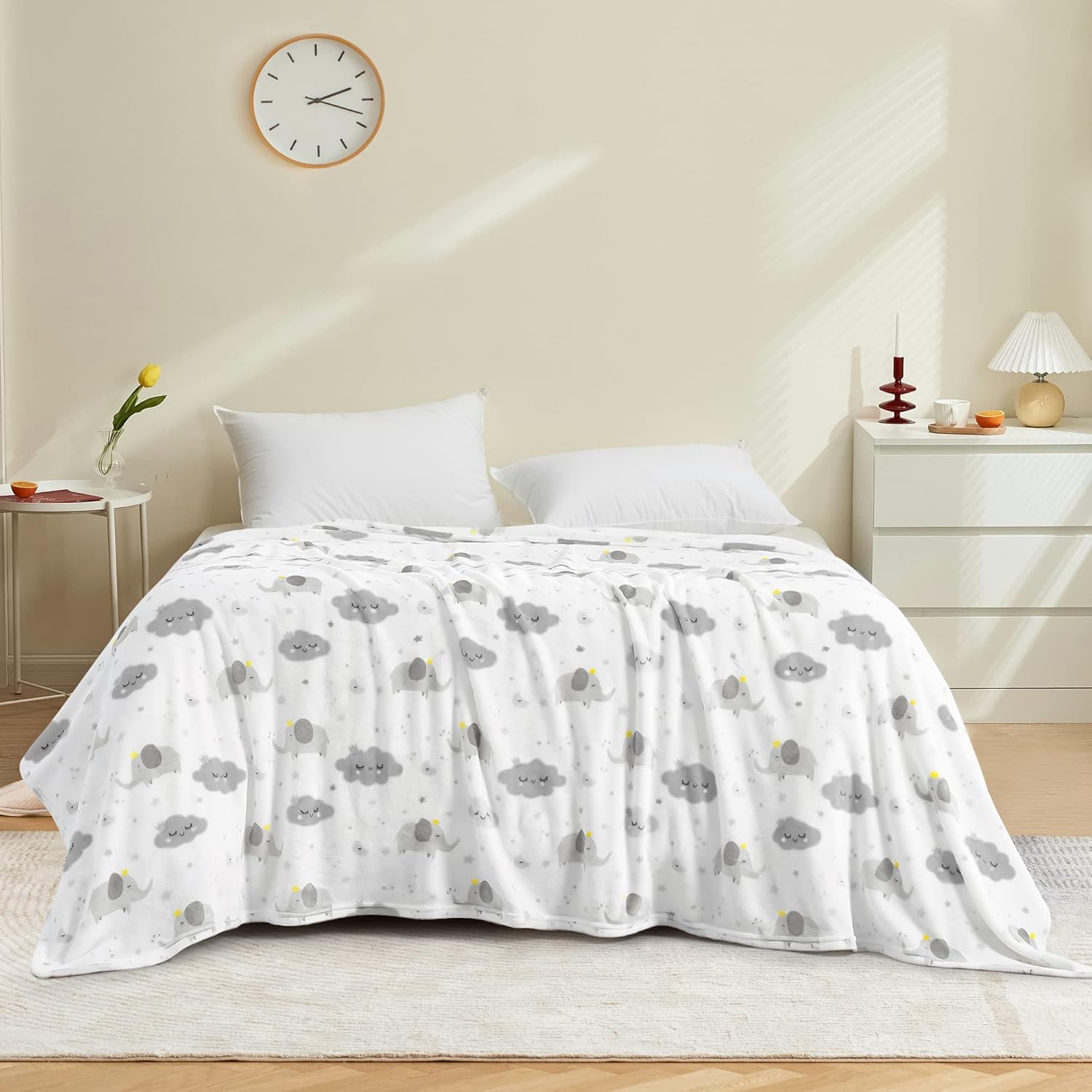 TILLYOU Toddler Flannel Blanket - 40x50 Inches Grey Cloud Elephant