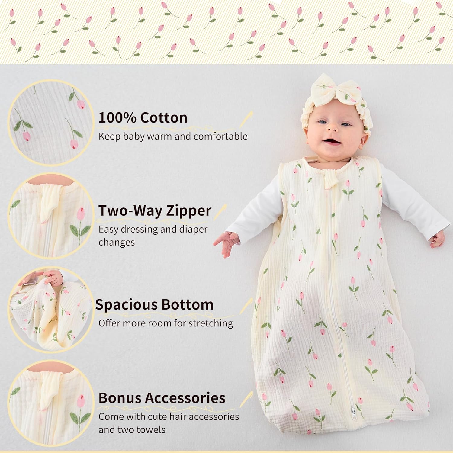 4 PCS Baby Girl Sleep Sack Set with Headband Burp Cloths