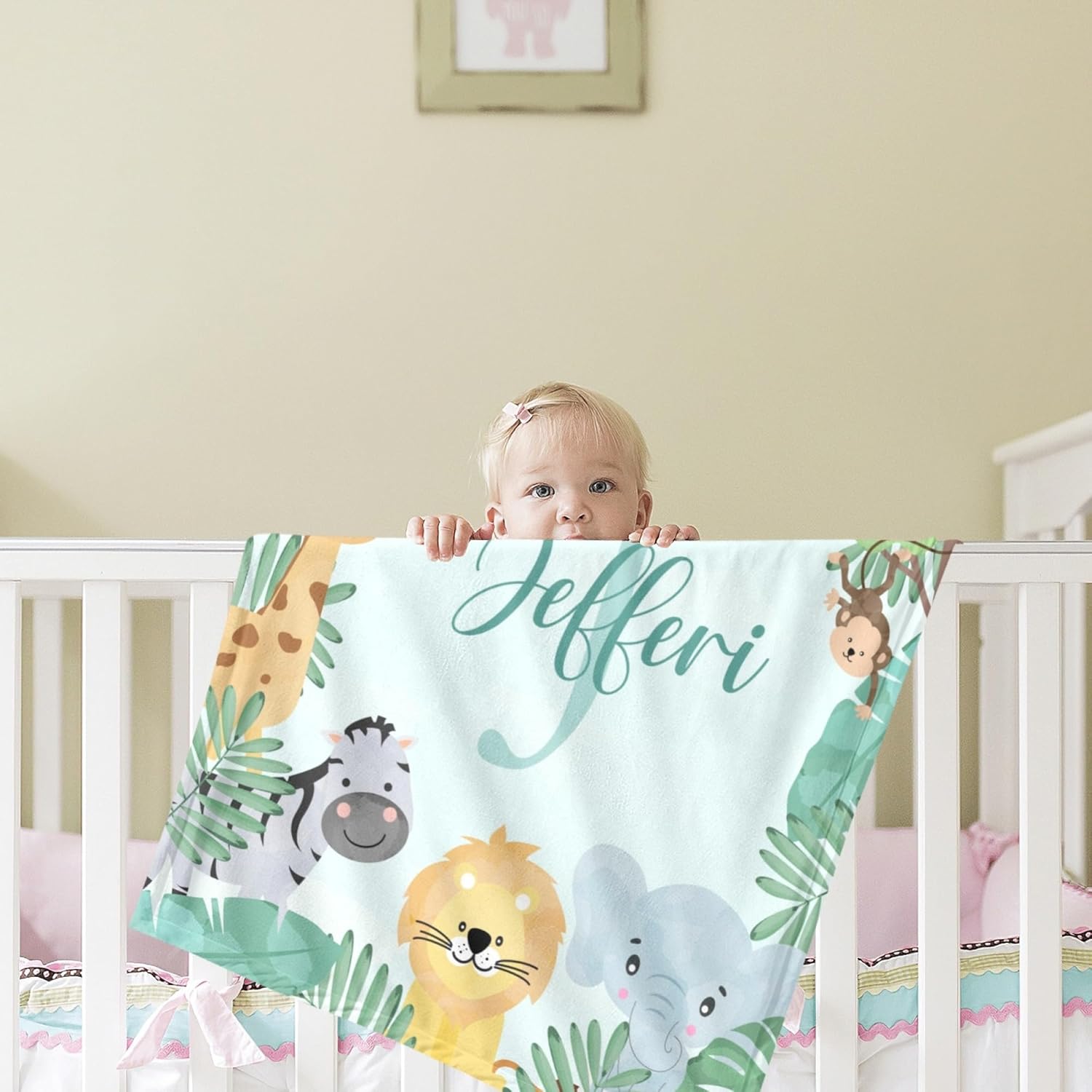 Personalized Baby Blanket with Name Green Safari Animal Design