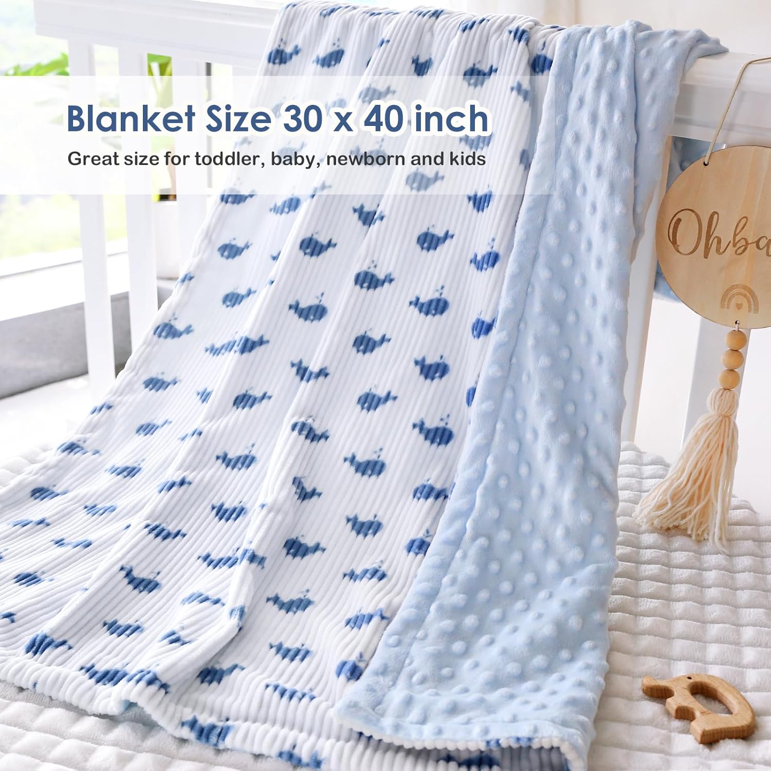 BORITAR Baby Blankets with Blue Whale Pattern and Double Dotted Fleece Backing