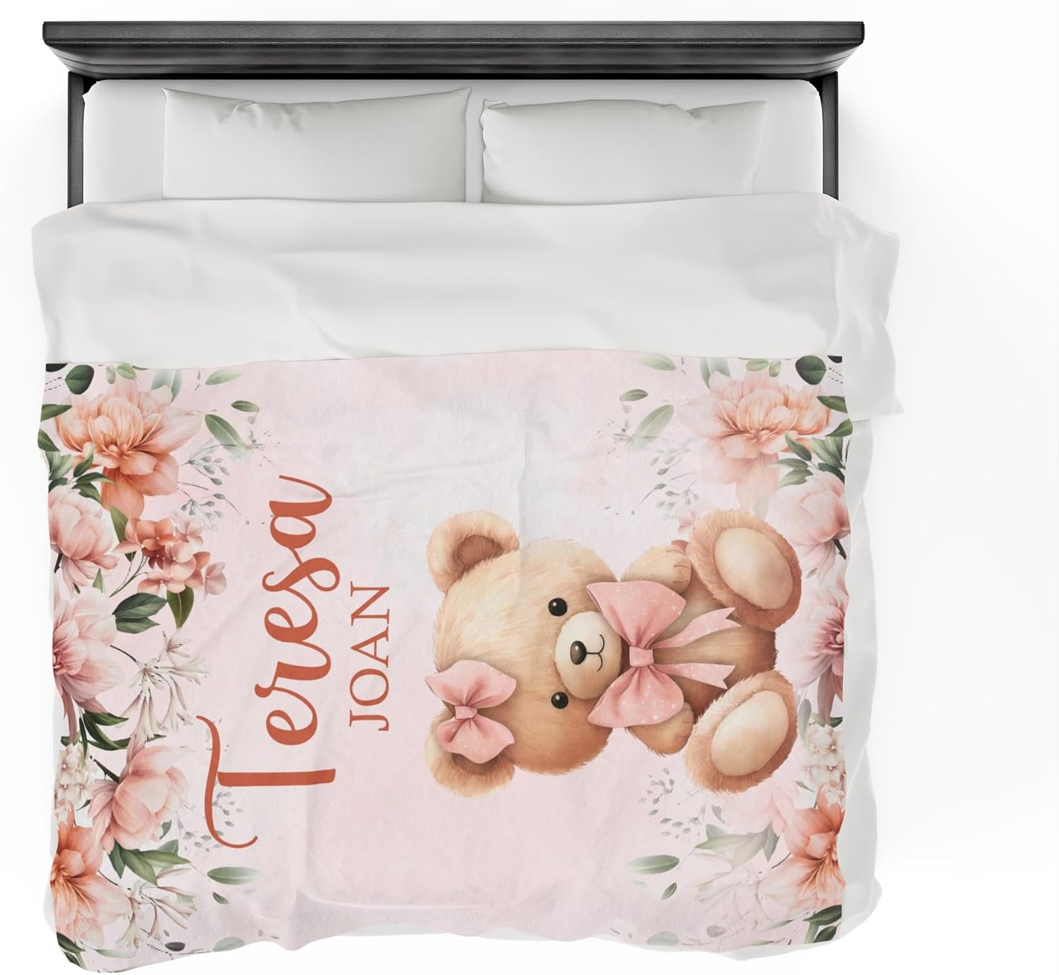 Personalized Pink Bear Baby Blanket with Name 1