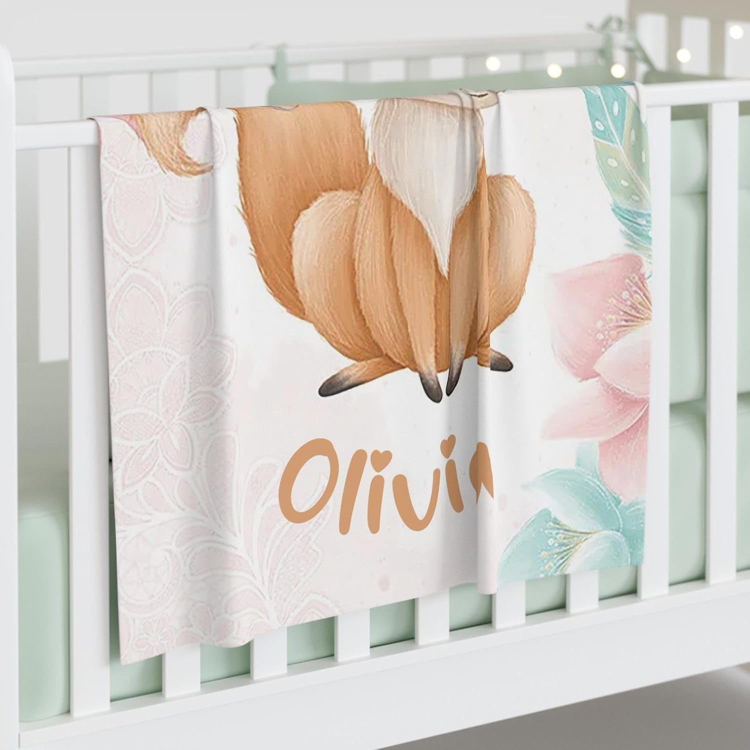 Customized Baby Fox Blanket Personalized Animal Nursery Blanket with Rose Flowers