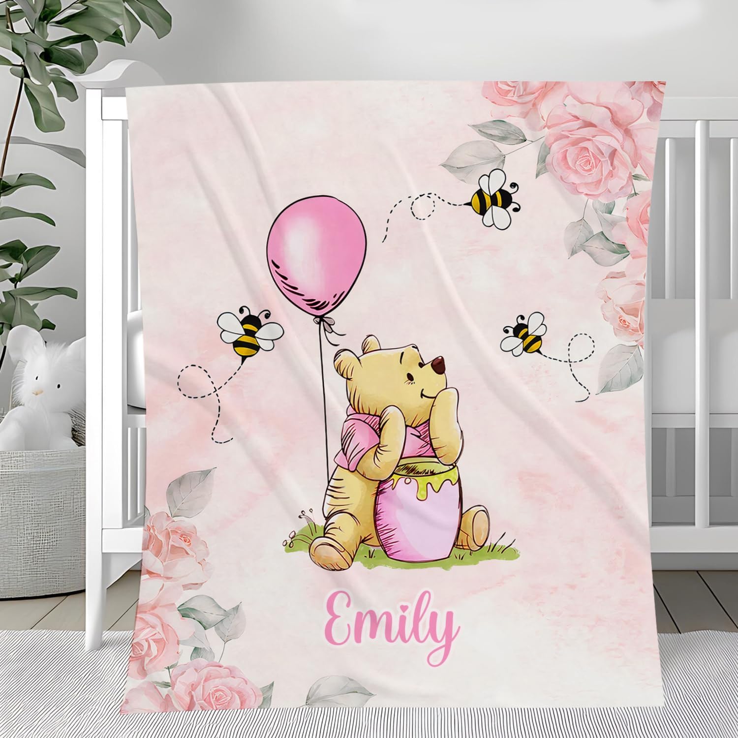 Personalized Pooh Bear Blanket - Soft Baby Blanket with Name