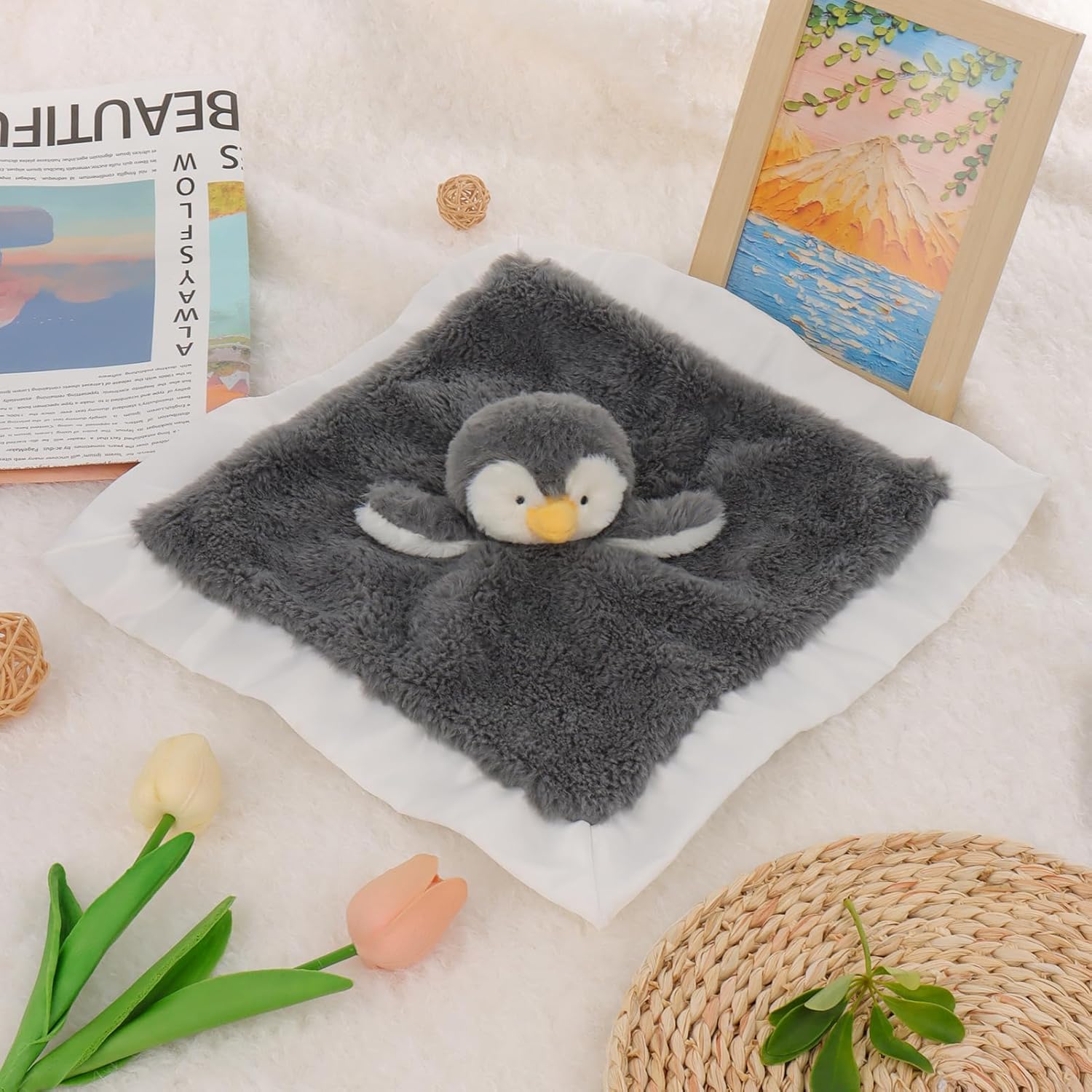 Apricot Lamb Gray Penguin Security Blanket 14 Inches