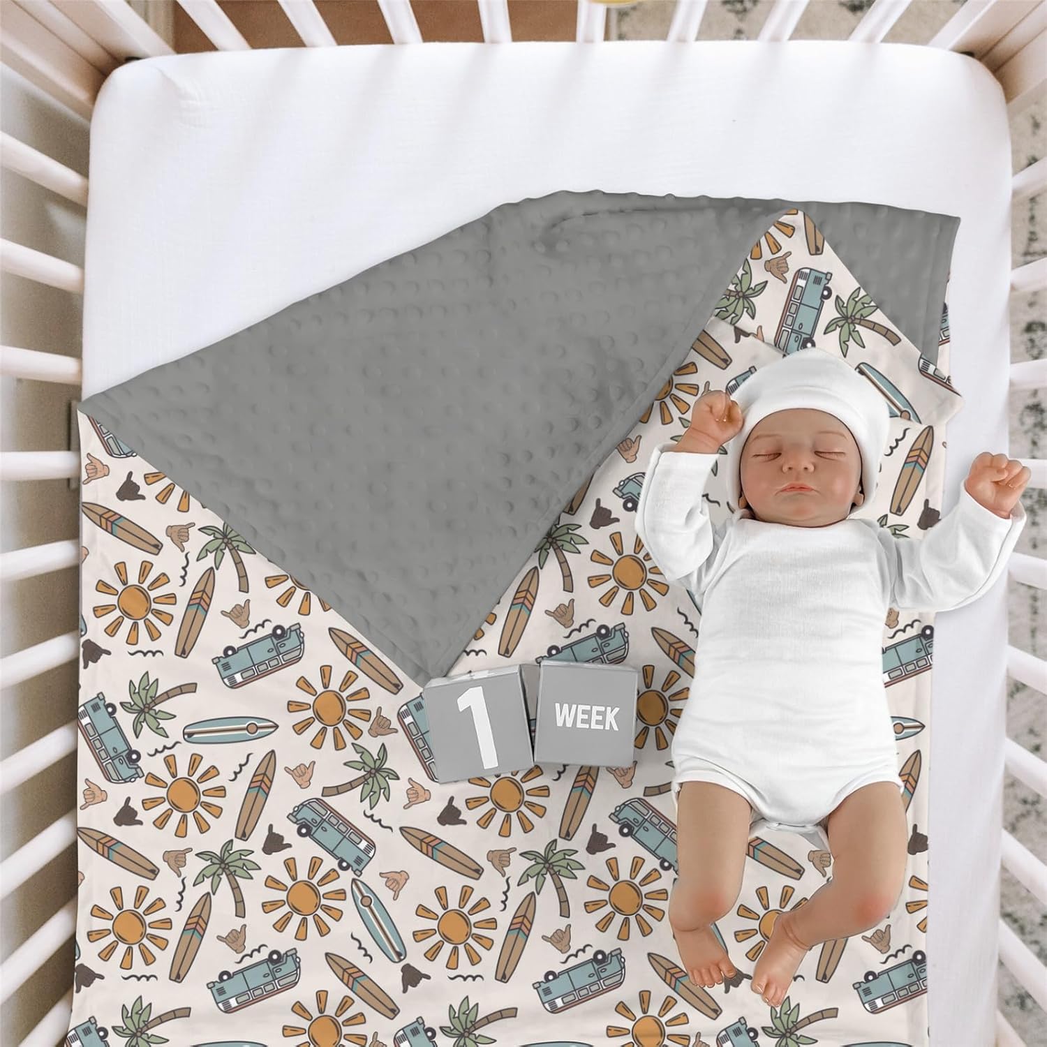 Soft Mink Baby Blanket with Dotted Backing Summer Blue Surf Board Pattern