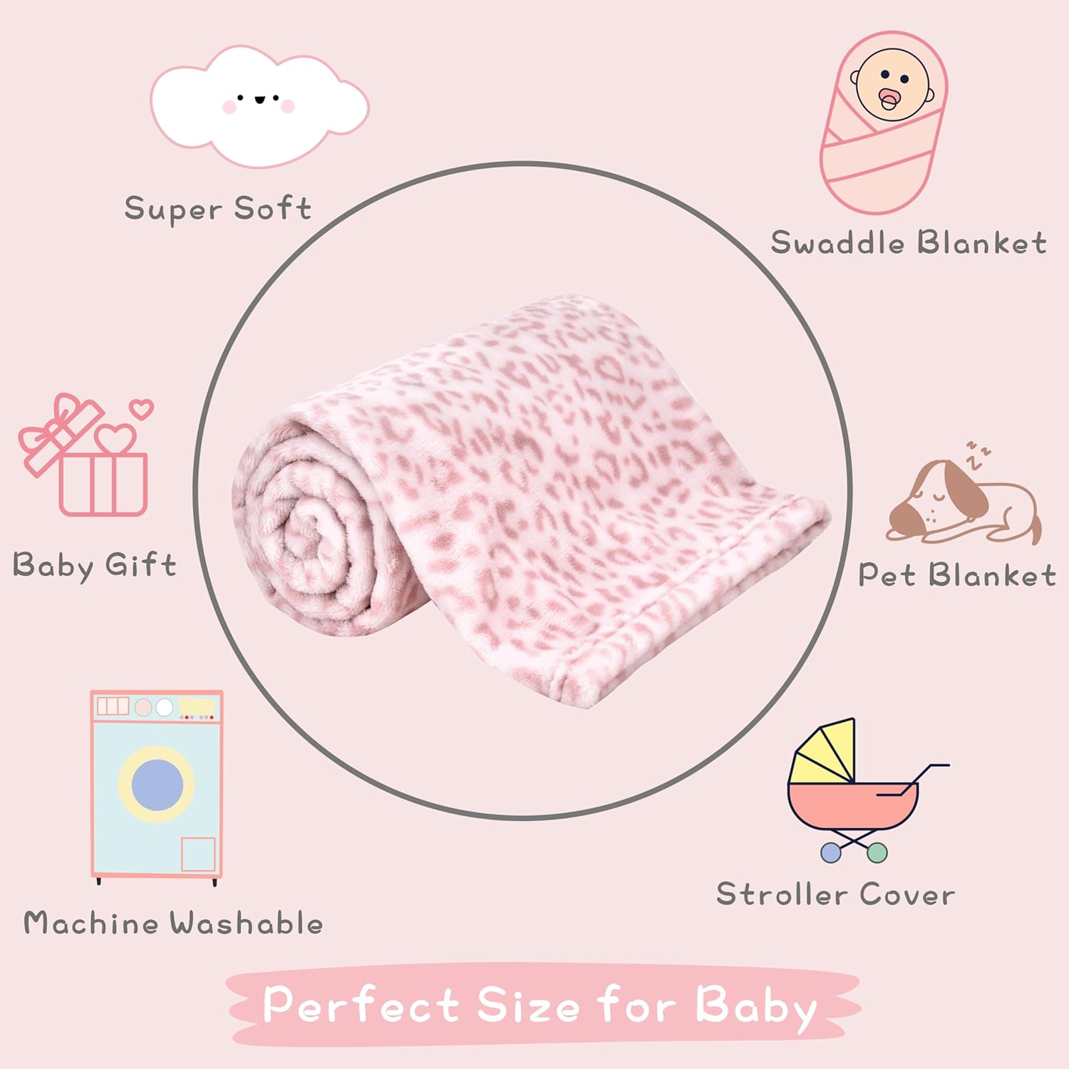 Yurhap Leopard Print Baby Blanket Fleece 30x40 Light Pink