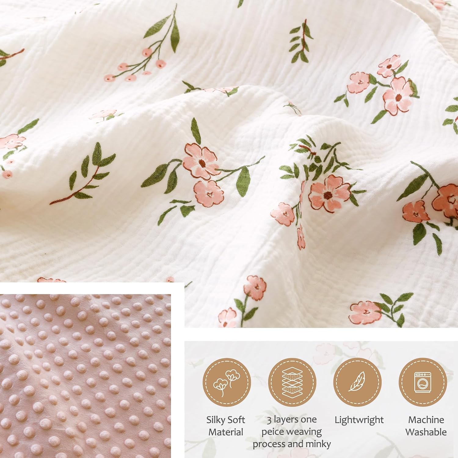BOPRIO Pink Floral Muslin Baby Blanket 30x40
