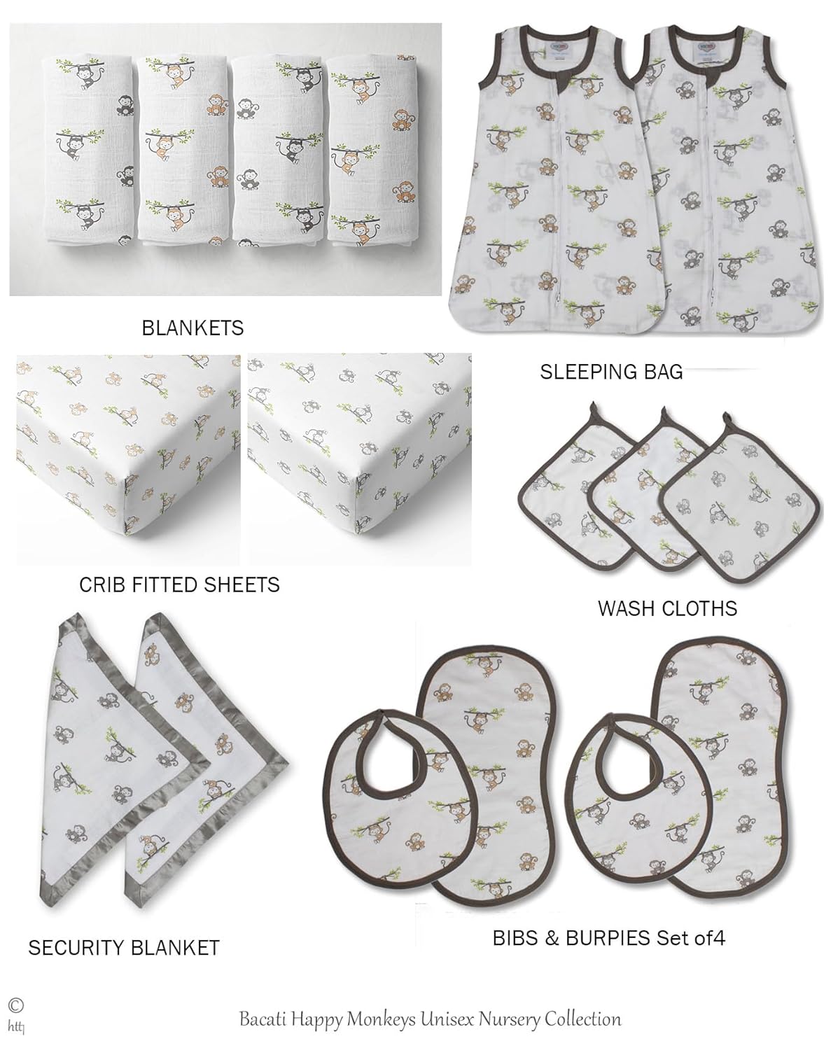 Bacati Muslin Happy Monkeys Sleeping Bag - Newborn BeigeGray 1
