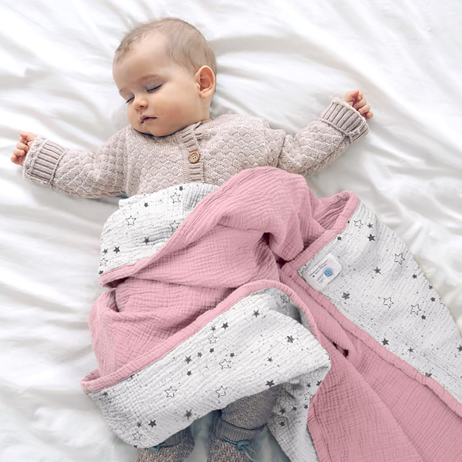 Lulumoon Muslin Baby Blanket - Reversible Cotton Quilt for Toddlers Pink Star
