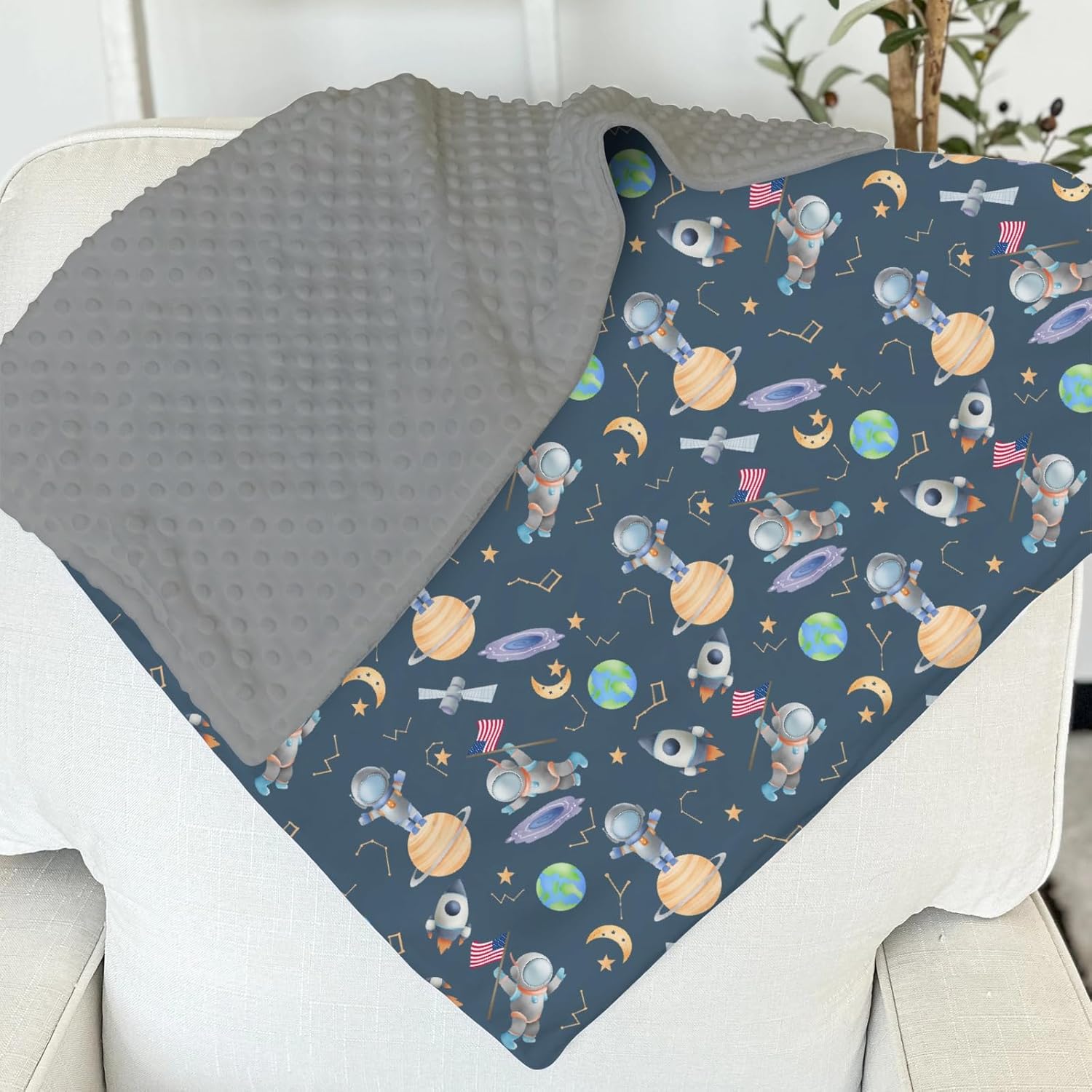 Soft Spaceman Baby Blanket with Dotted Backing