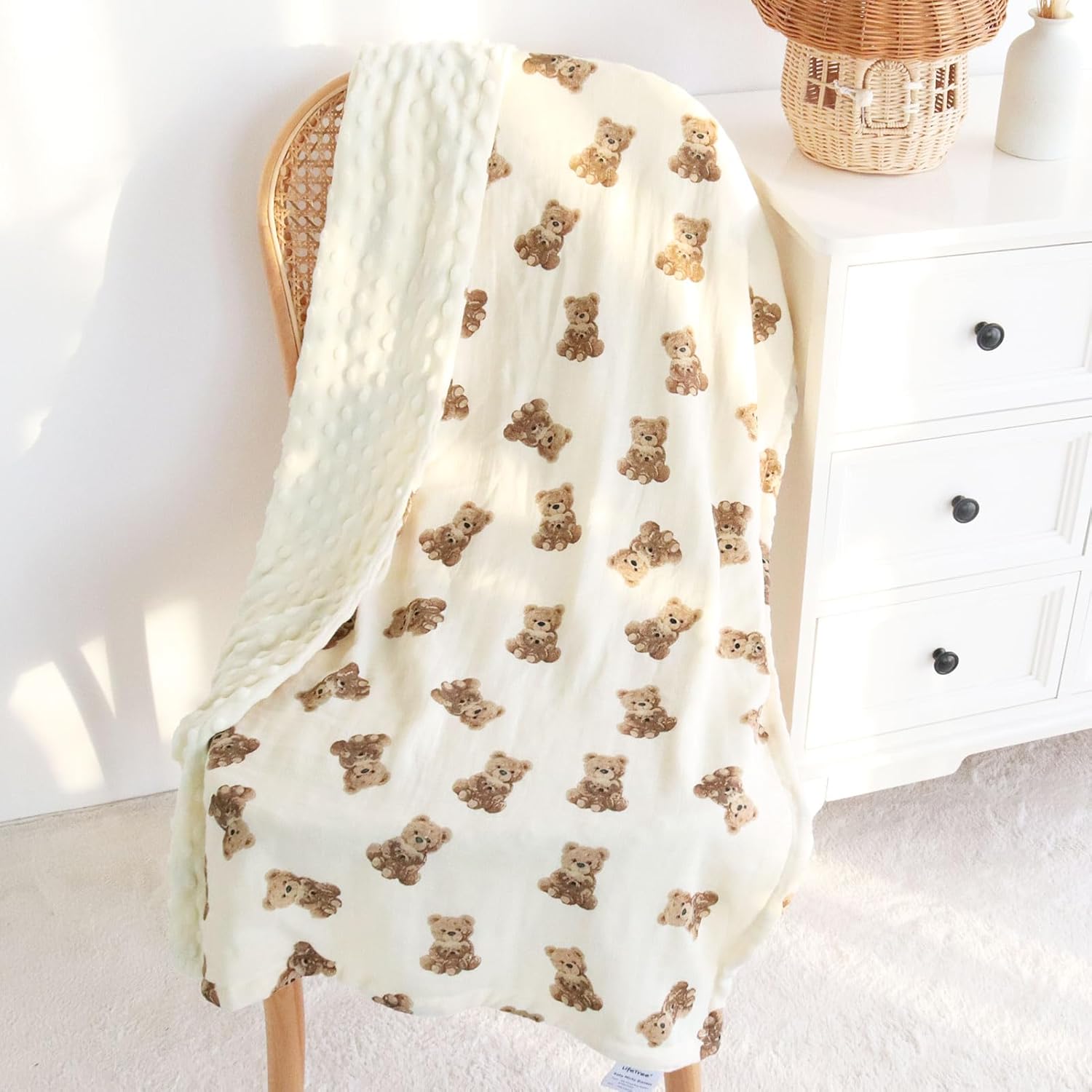LifeTree Baby Swaddle Blanket with Dotted Fleece Backing Bear Pattern 31x40 Inches