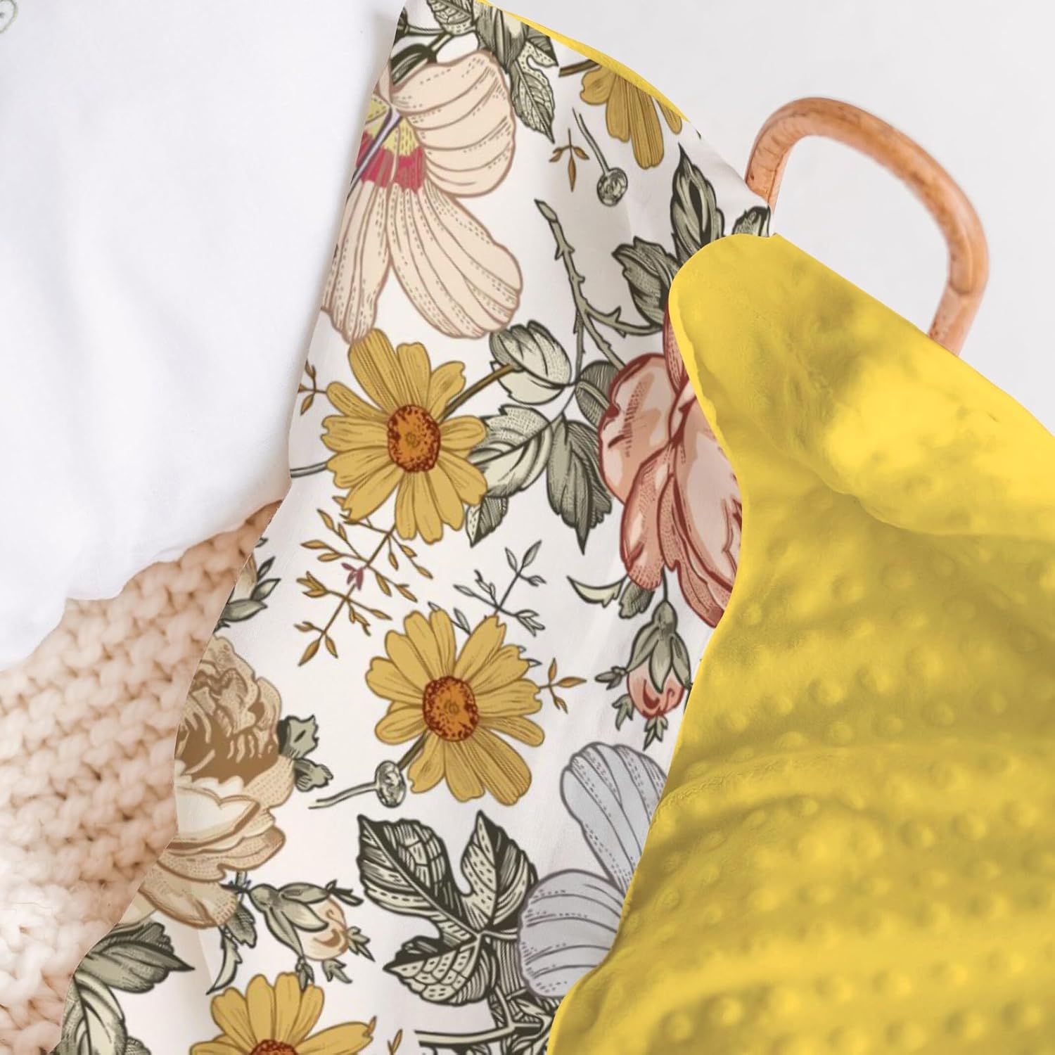 Retro Boho Peony Floral Mink Baby Blanket with Dotted Backing