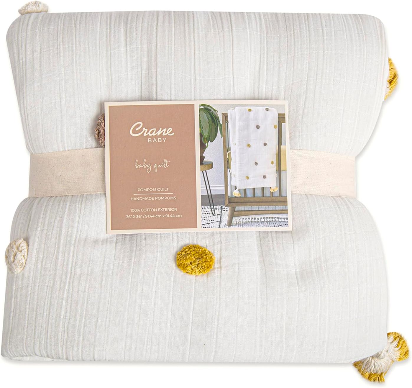 Crane Baby Blanket 36 x 36 Cream Soft Cotton Pom Pom