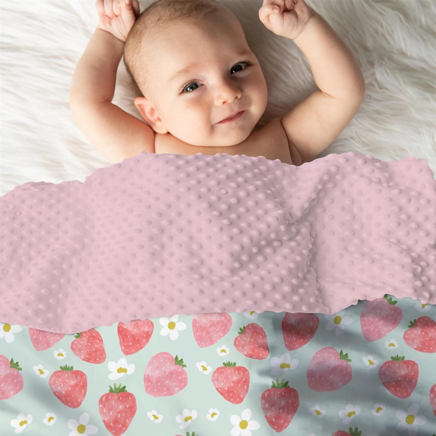 Soft Mink Baby Blanket Strawberry Floral Double Layer Dotted Backing 30x40