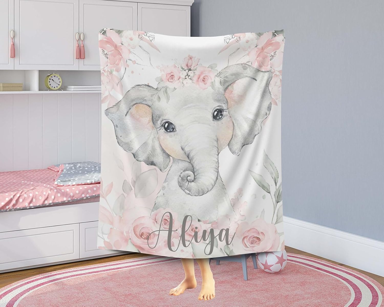 Personalized Baby Elephant Blanket with Pink Flowers