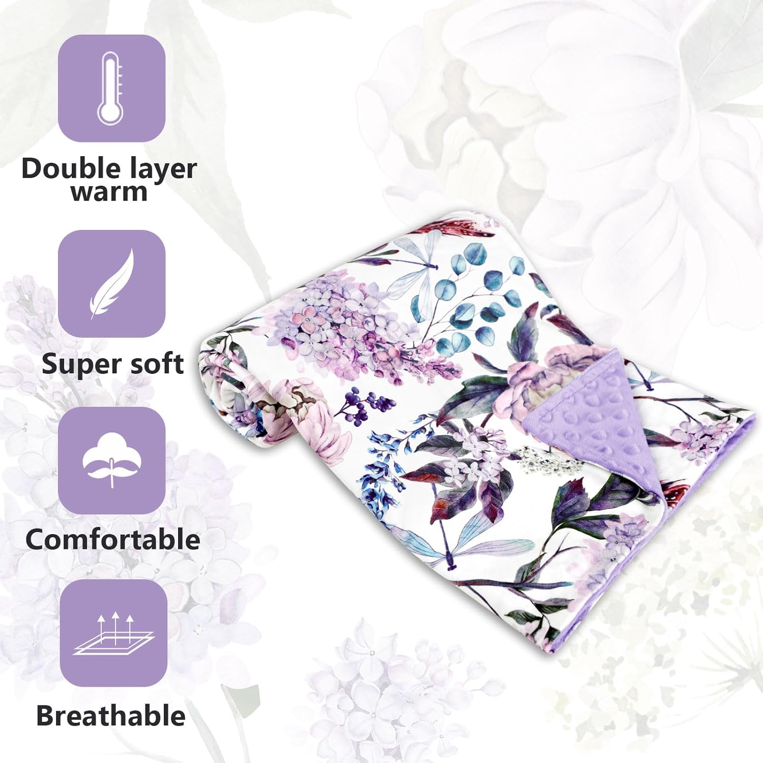 HNHUAMING Purple Floral Baby Blanket 30x40 Inch Double Layer