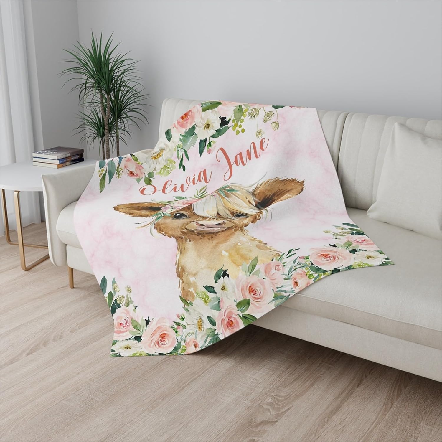 Customized Highland Cow Blanket Personalized Baby Name Throw