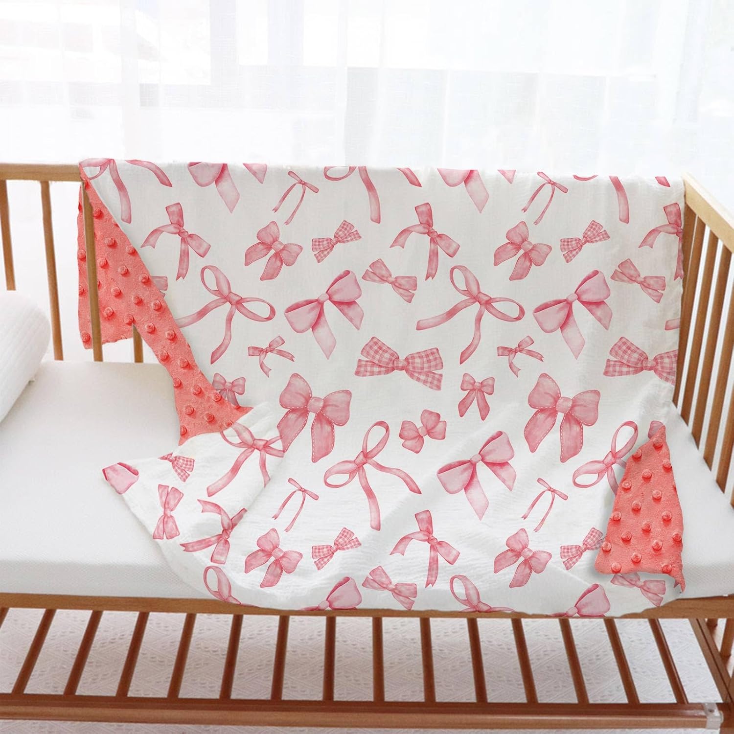 Pink Bow Baby Blanket for Girls 30x40 Inches Soft Minky Double Layer