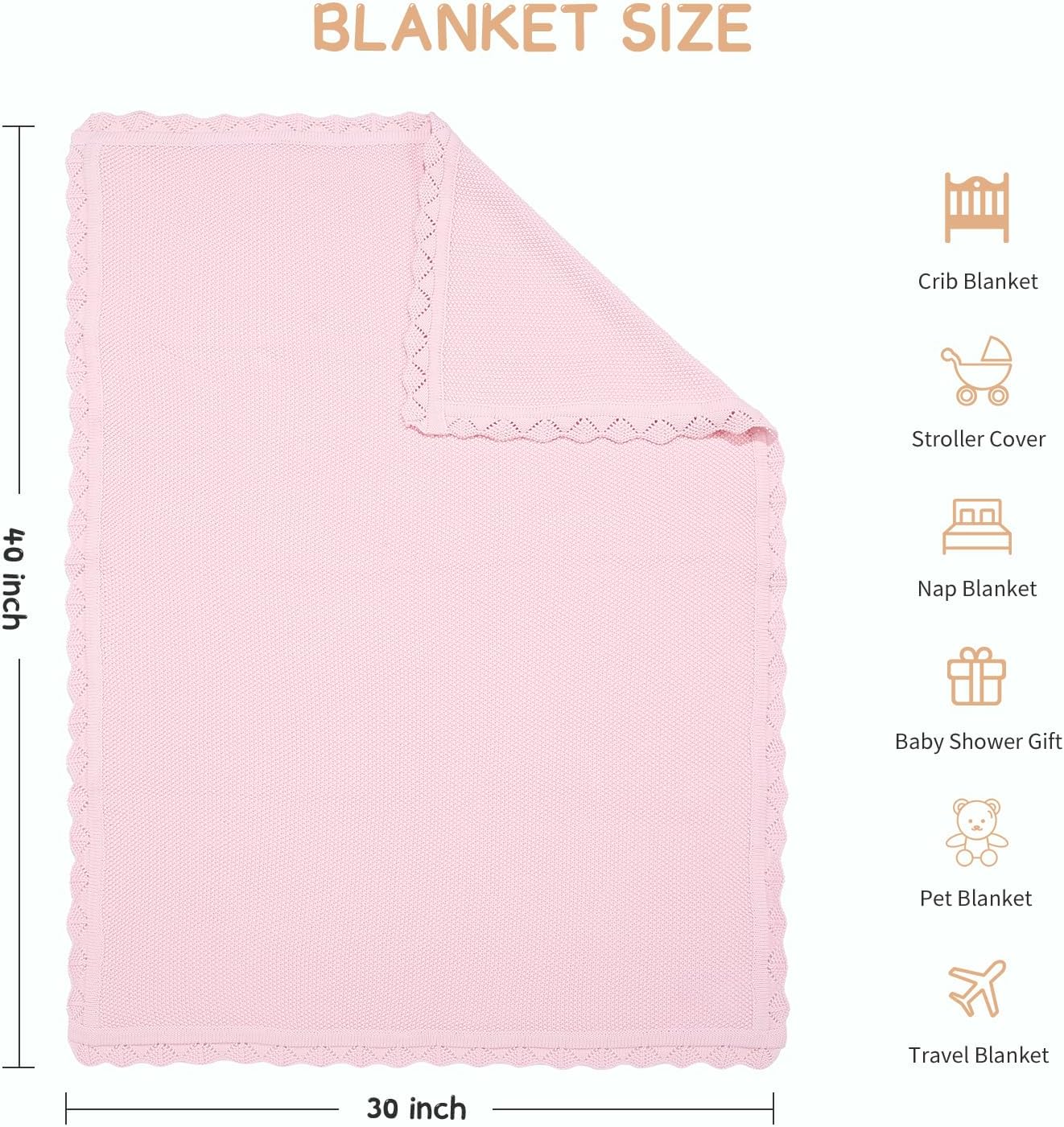 100 Cotton Baby Blanket Knit Soft Warm Light Pink 30x40 Inches