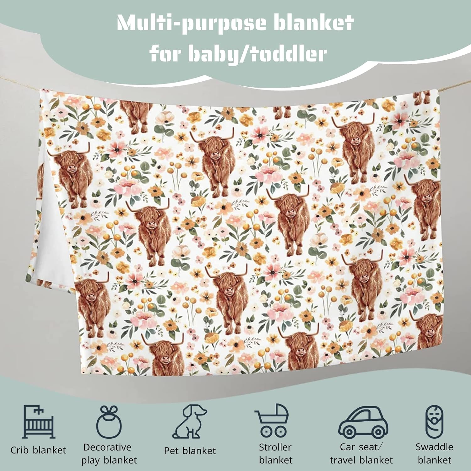Boho Highland Cow Floral Baby Blanket for Kids