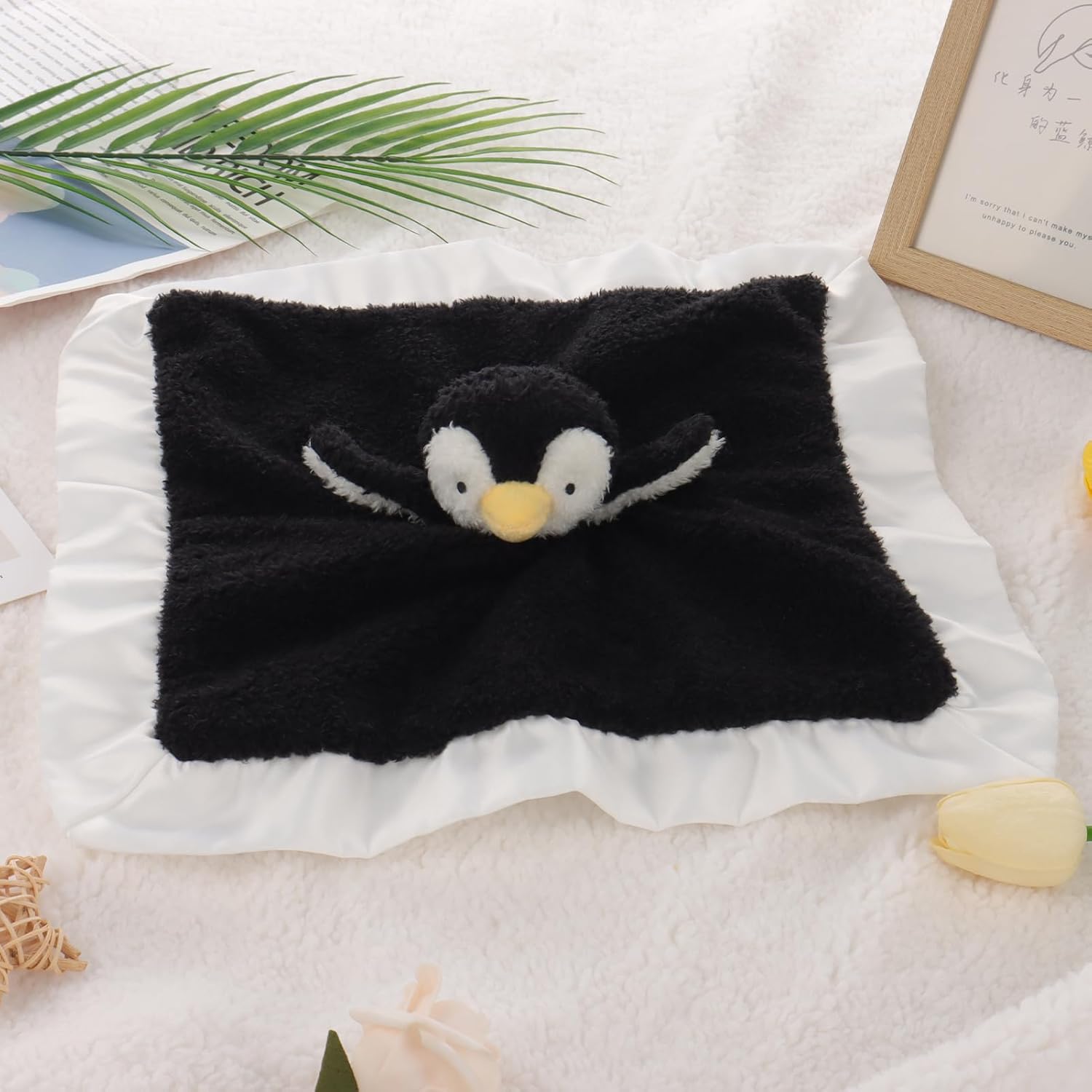 Apricot Lamb Plush Security Blanket Black Penguin 14 Inches