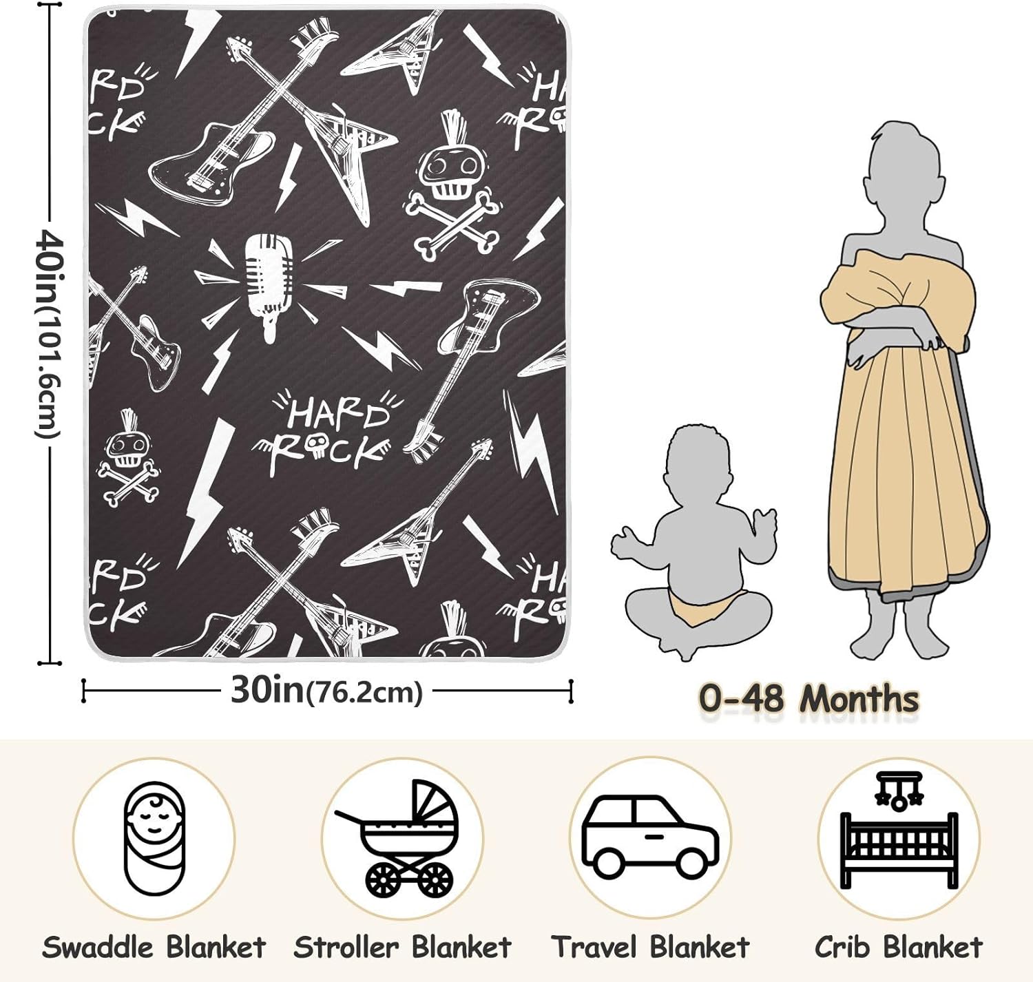 Pigsaly Rock Roll Lightnings Skull Baby Blanket 30x40in